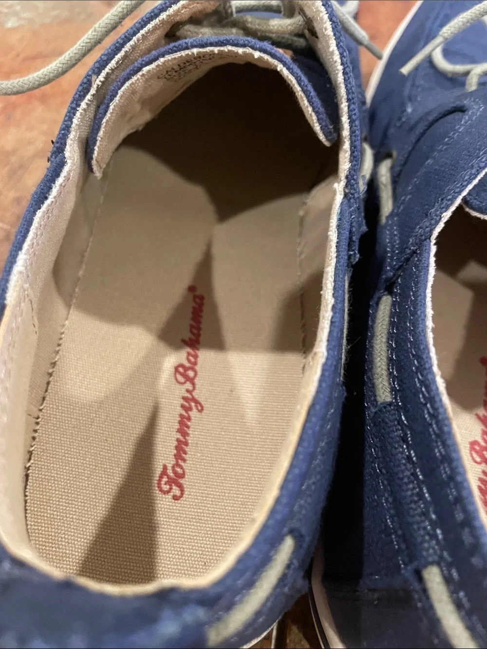 Tommy Bahama Navy Canvas Boat Shoes with Tan Laces